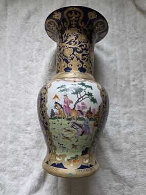 Vintage Large Decorative Porcelain Vase with Equestrian Scene and Gold Accents